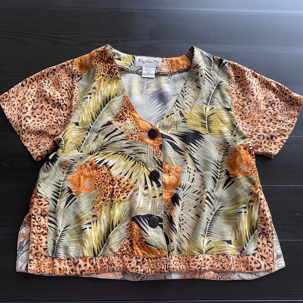 Key Lime Pie Shirt Womens Small Jungle Tropical Leopard Print Button Front 90s